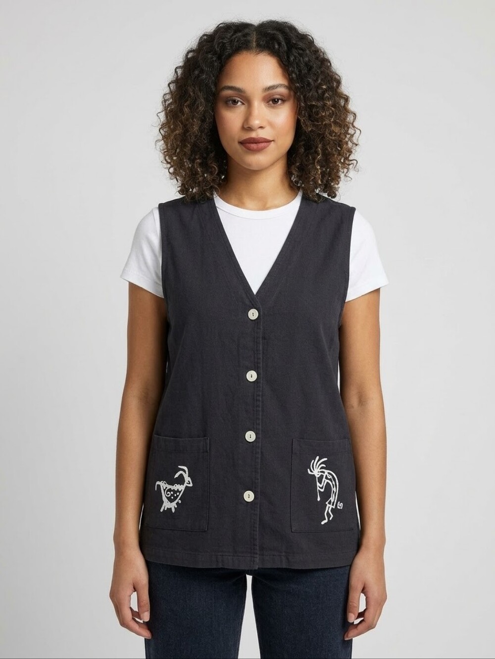 Vintage Cactus Black Boho Vintage Kokopelli Graphic Button-Up Vest Small